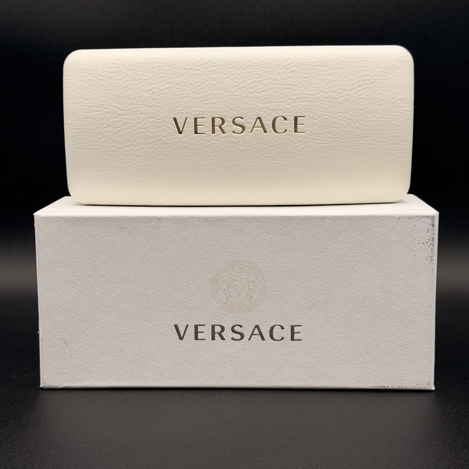 Versace White Leather Sunglasses Case Complete Set Box Cloth Card AUTHENTIC