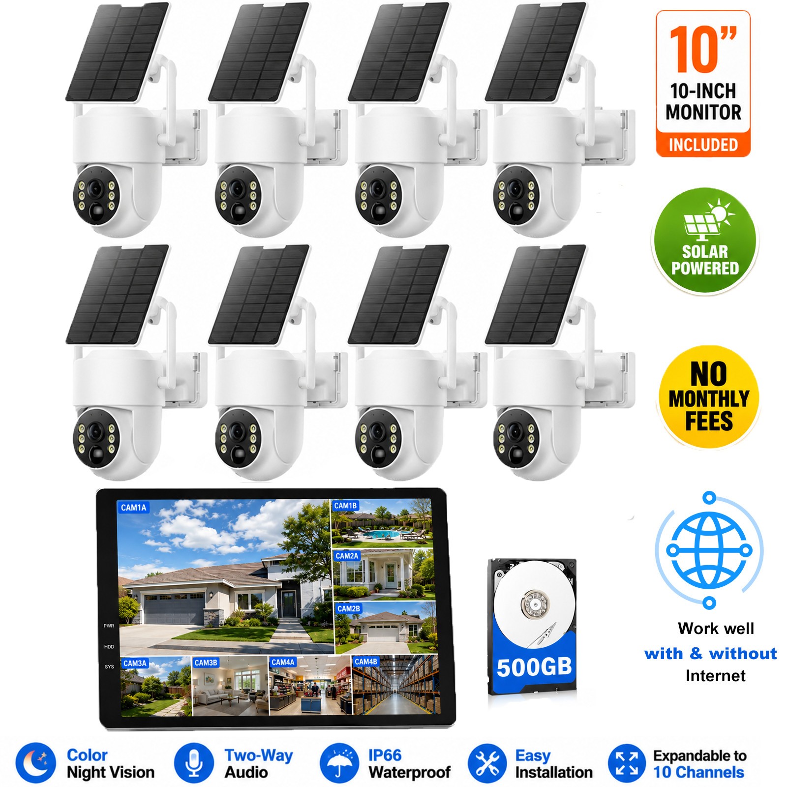 Outdoor 4MP Solar Wireless Security Camera System with 10CH 5G WiFi NVR HDD Kit