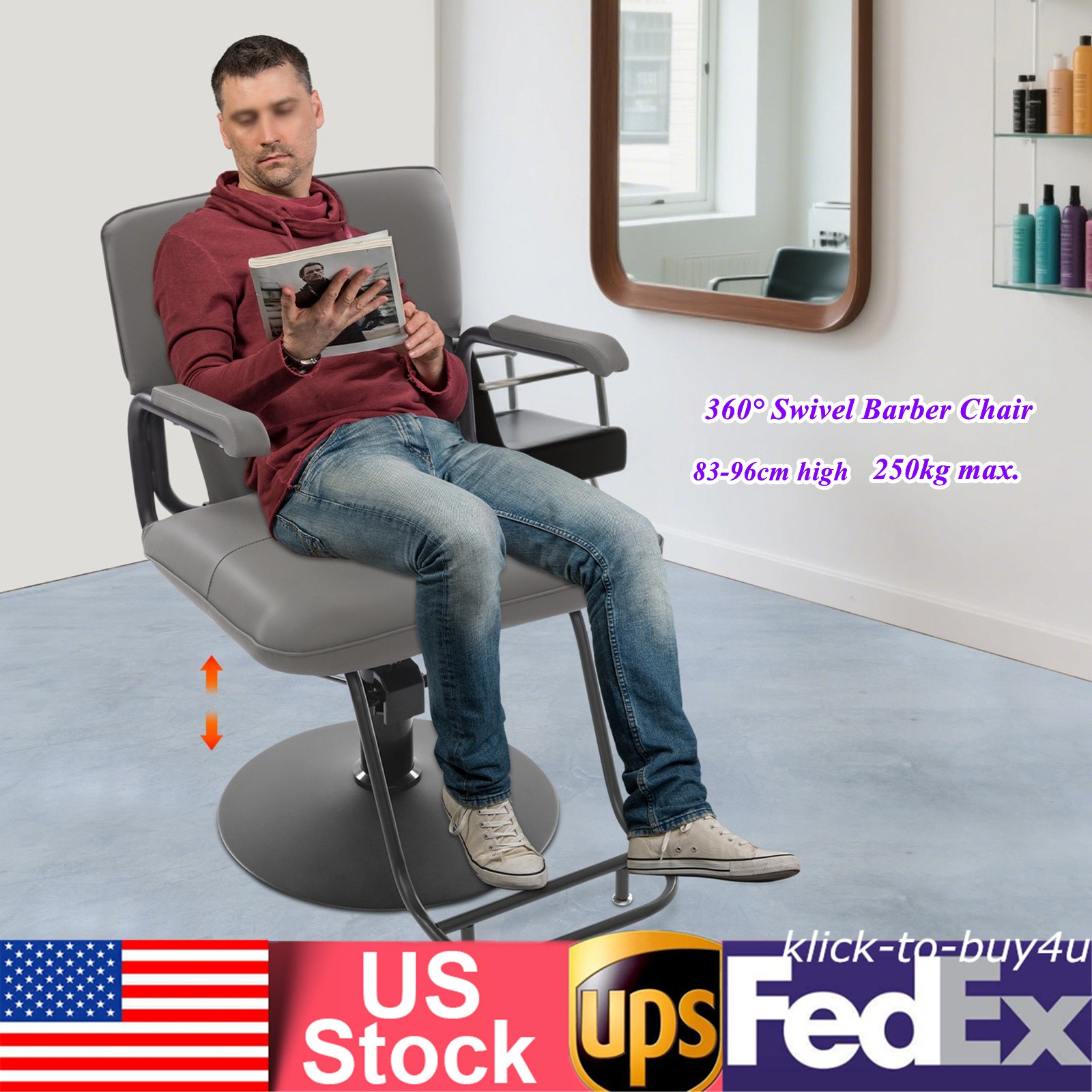 Barber Chair Load 250kg Salon Styling Chair 360° Swivel Barber Chair Adjustable