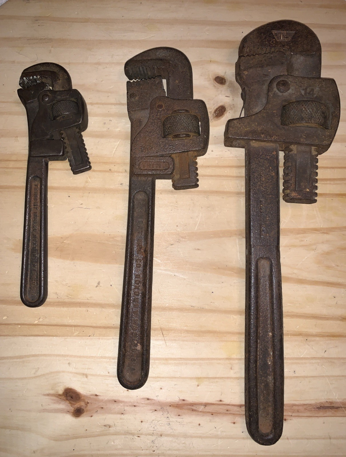 3 Vintage Trimont Pipe Wrenches. 7", 10" And 14".