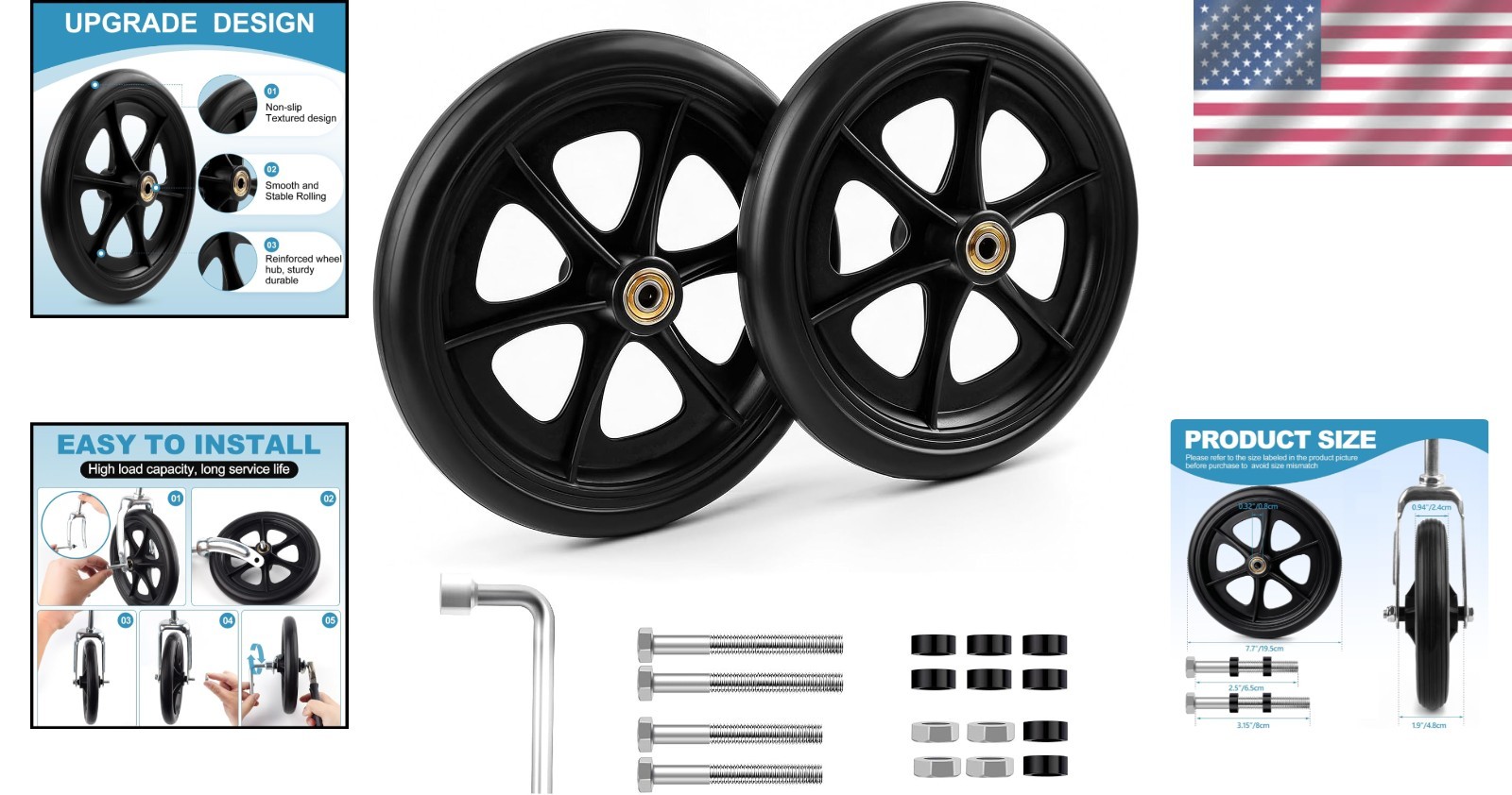 Heavy Duty 8 Inch Replacement Wheels for Wheelchairs & Rollators - Easy Install