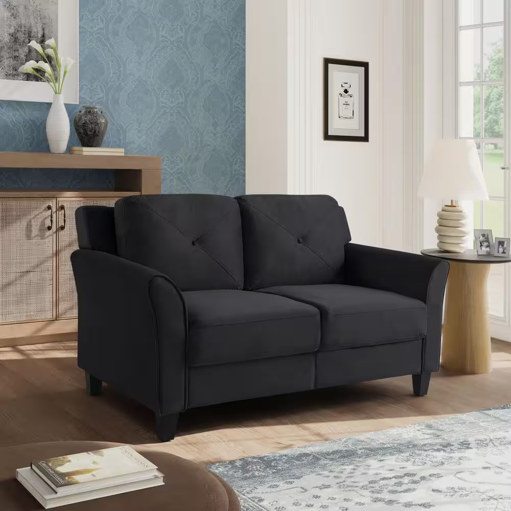 Harvard 56 In. Black Microfiber 2-Seat Loveseat with Flared Arms
