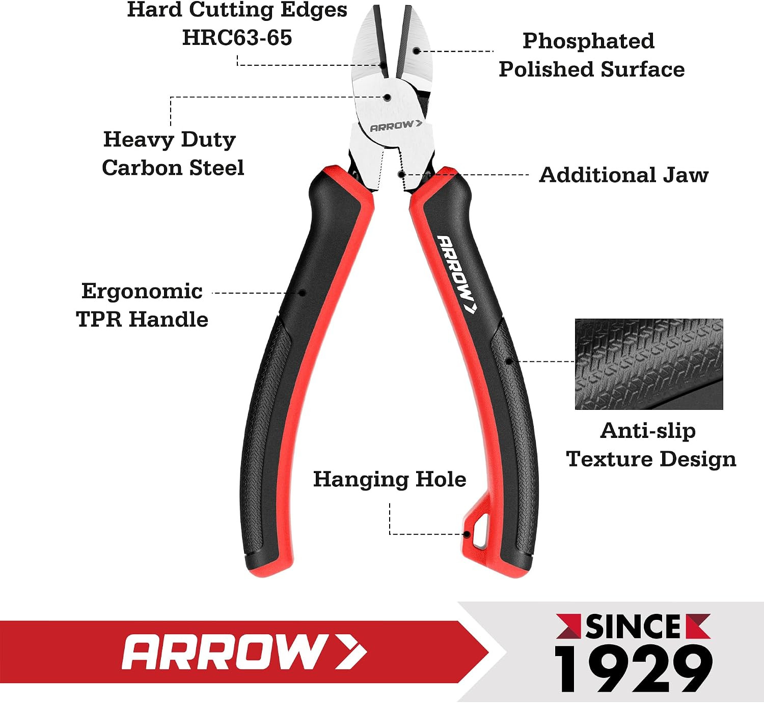 ARROW High Leverage Diagonal Pliers, 6 Inch Wire Cutters with TPR Handle | High