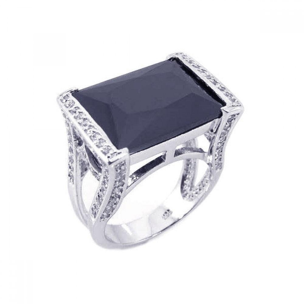 Sterling Silver 925 Rhodium Plated Black Onyx Clear CZ Square Ring