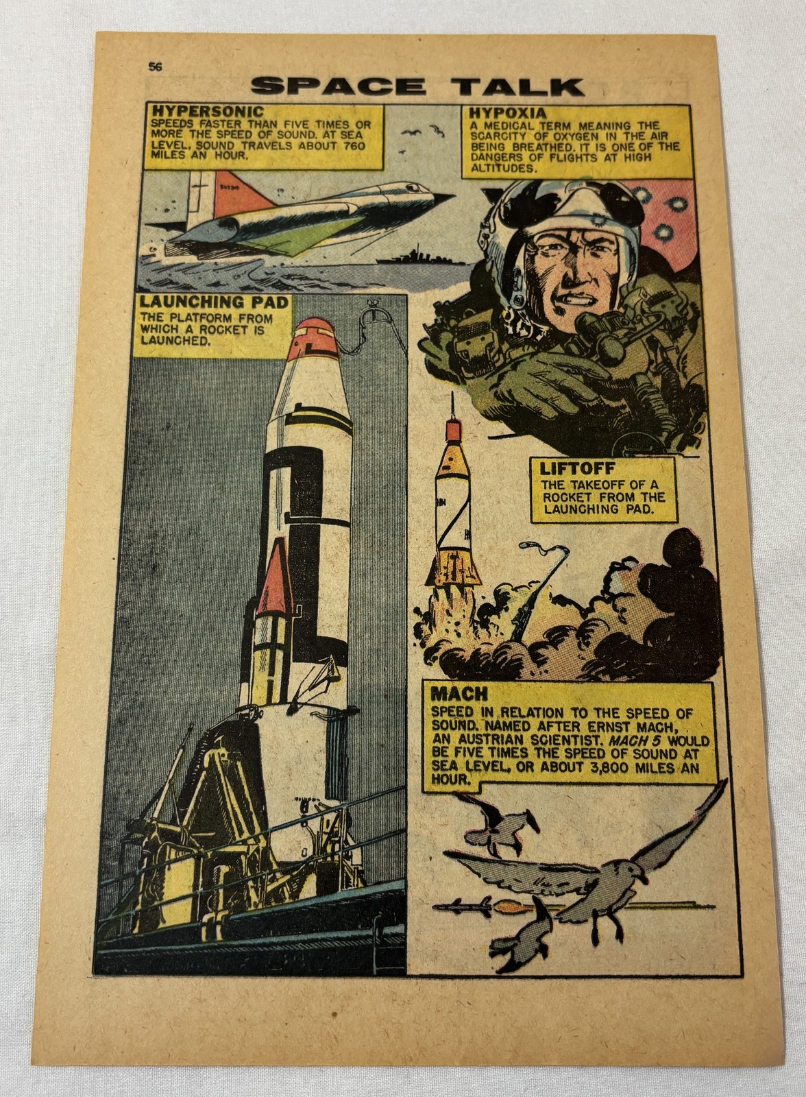 1960 cartoon page~ SPACE TALK Hypersonic, Hypoxia, Launching Pad, Liftoff, Mach