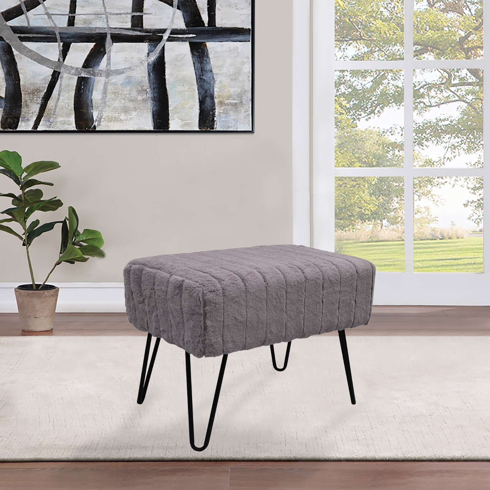 Super Mink Faux Fur Pink Ottoman Bench, 19" x 13" x 17" (Charcoal)
