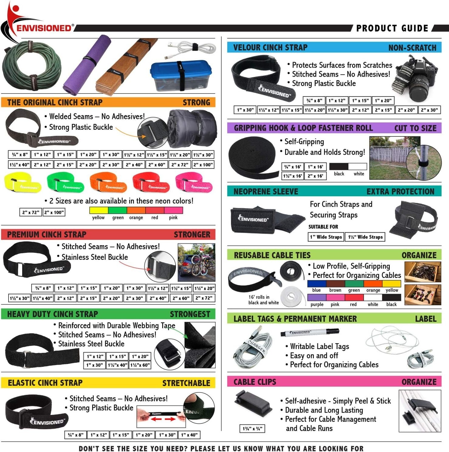 Versatile Cinch Straps 1" x 12" - 12 Pack Hook and Loop with Bonus Cable Ties