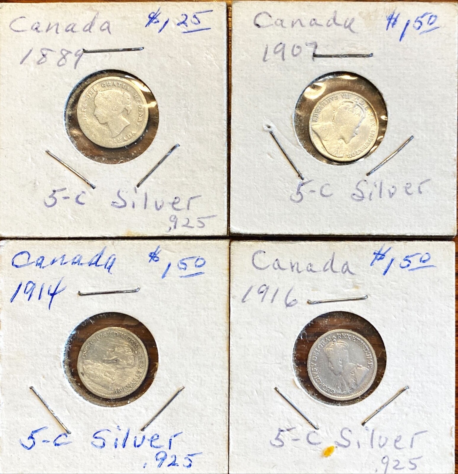 1907, 1914, 1916, unknown   4 pcs Canada 5 Cent Silver
