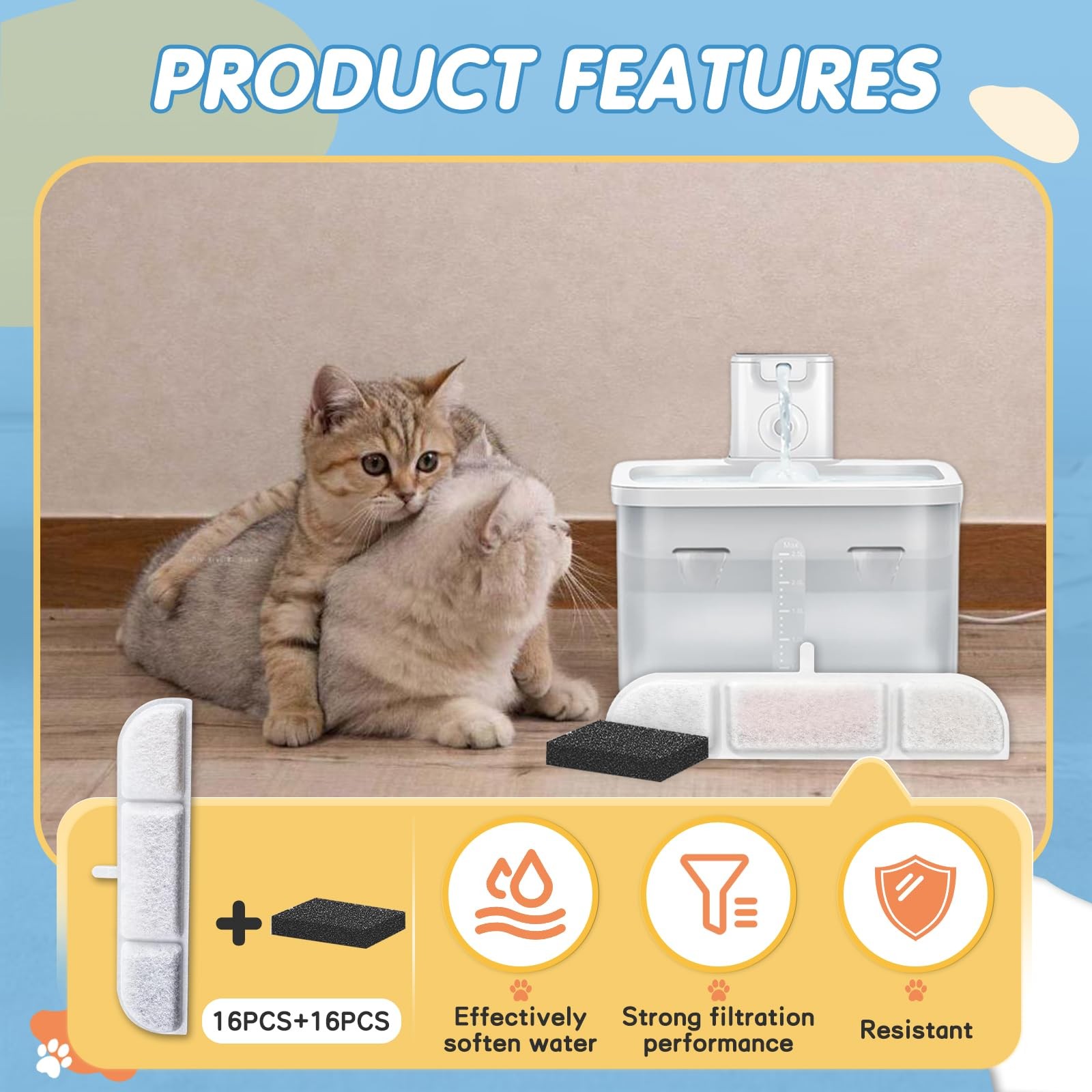 16 Packs Replacement Filters Compatible with Downy Paws Cat Water 16PCS