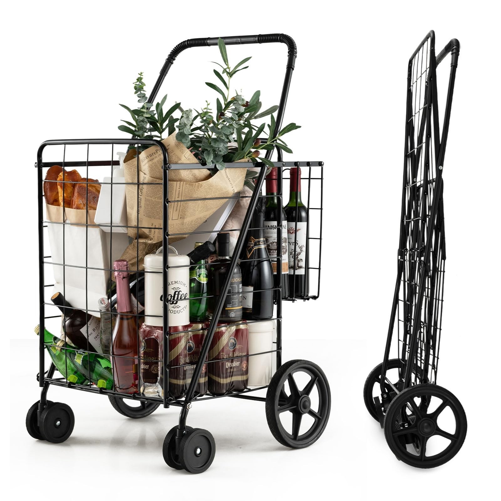 HOMGX Jumbo Folding Shopping Cart w/ 360° Swivel Wheels, Portable Laundry &Utili