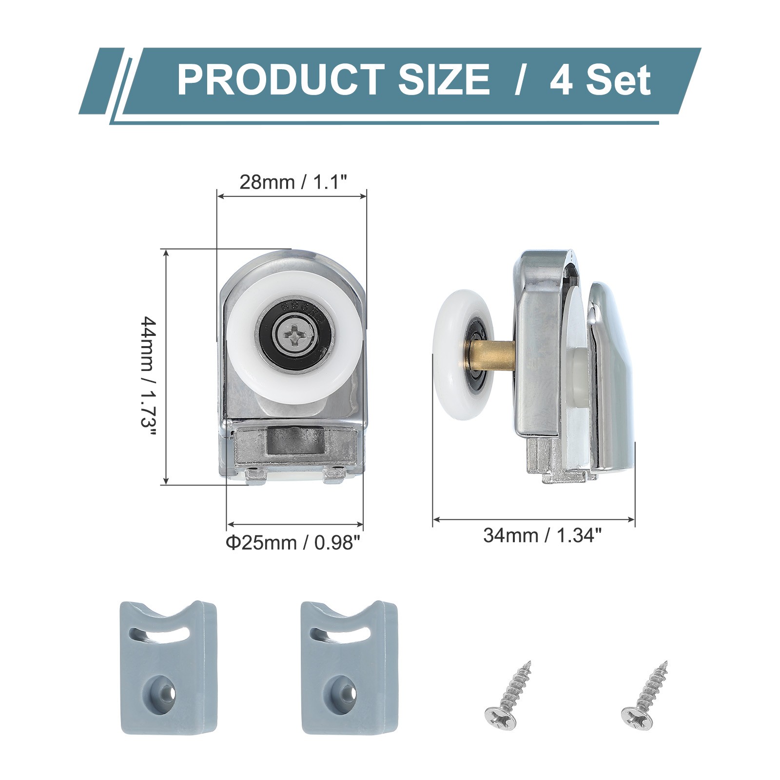 4Pcs 25mm Single Shower Door Rollers Copper Bottom Wheels Pulleys Guide Silver