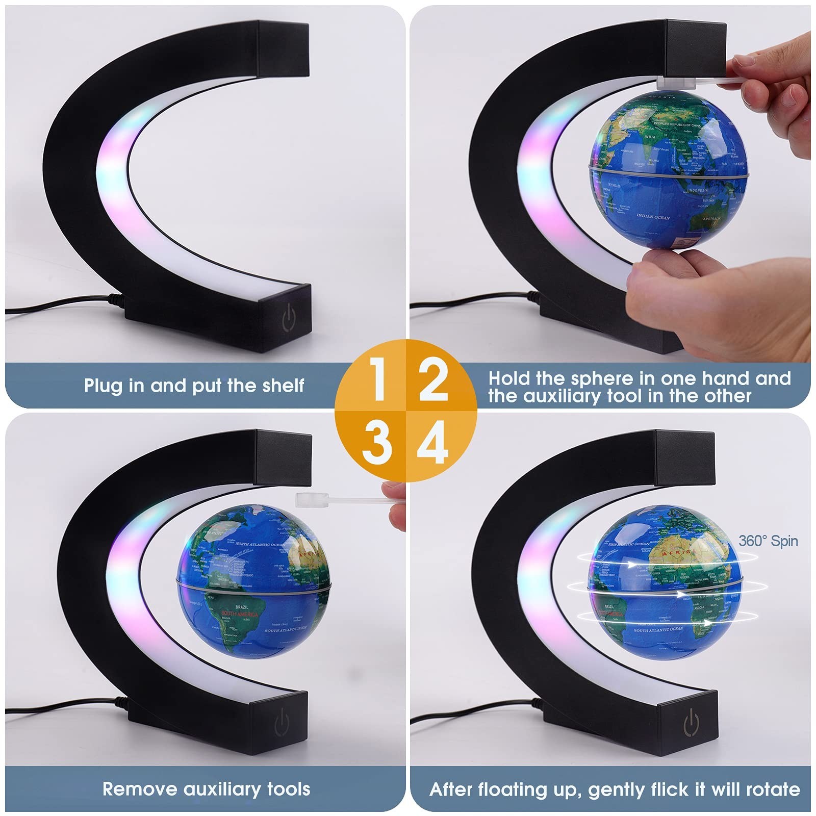 Anti-Gravity Floating Globe with LED Lights - Rotating Magnetic World Map Decor