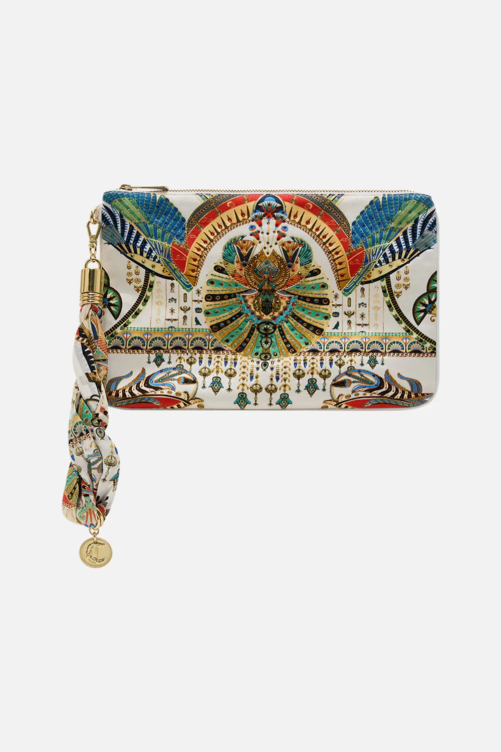 Camilla “Valley of the Queens” silk Egyptian motif scarf clutch wristlet bag sac