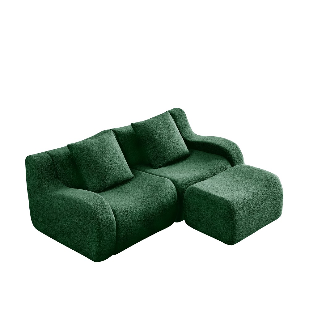 L-Shaped Teddy Fabric 2-Seat Sofa w/ Curved Armrest, Green