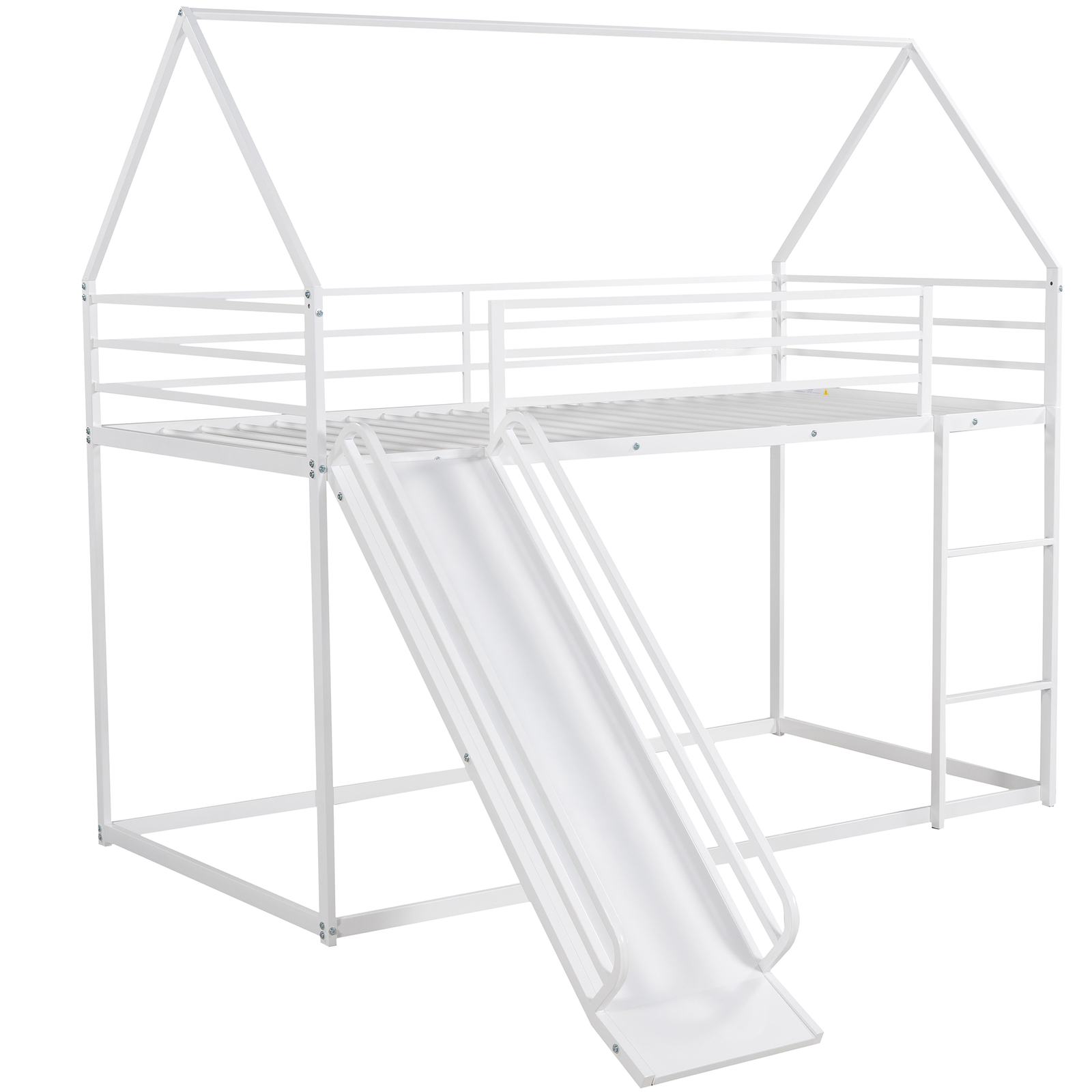 Twin over Twin Metal Bunk Bed W/ Slide /Ladder /Guardrail For Kids Teens White