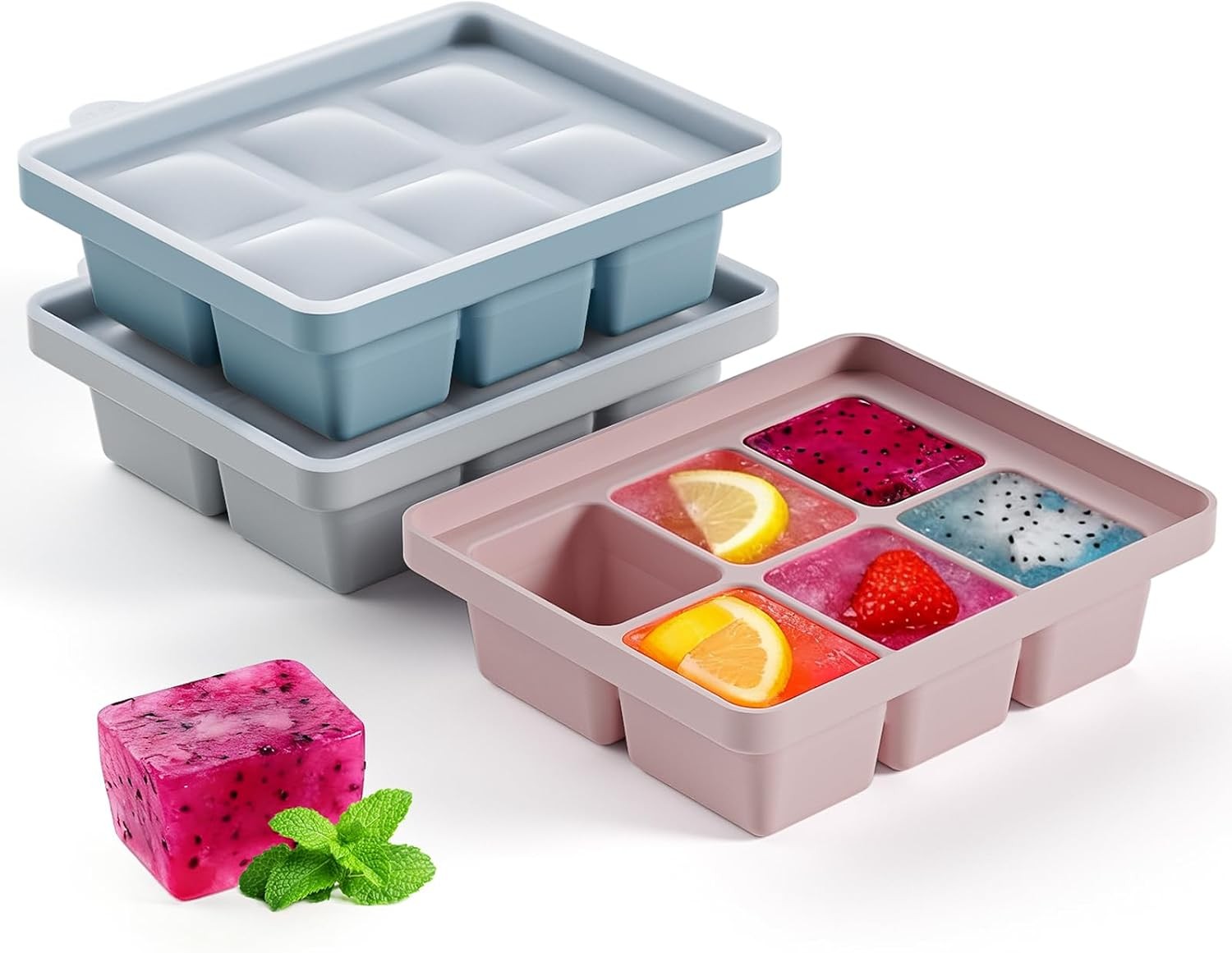 Large Silicone Ice Cube Tray Set of 3, Easy Release 6 Flexible Silicone Ice Cube