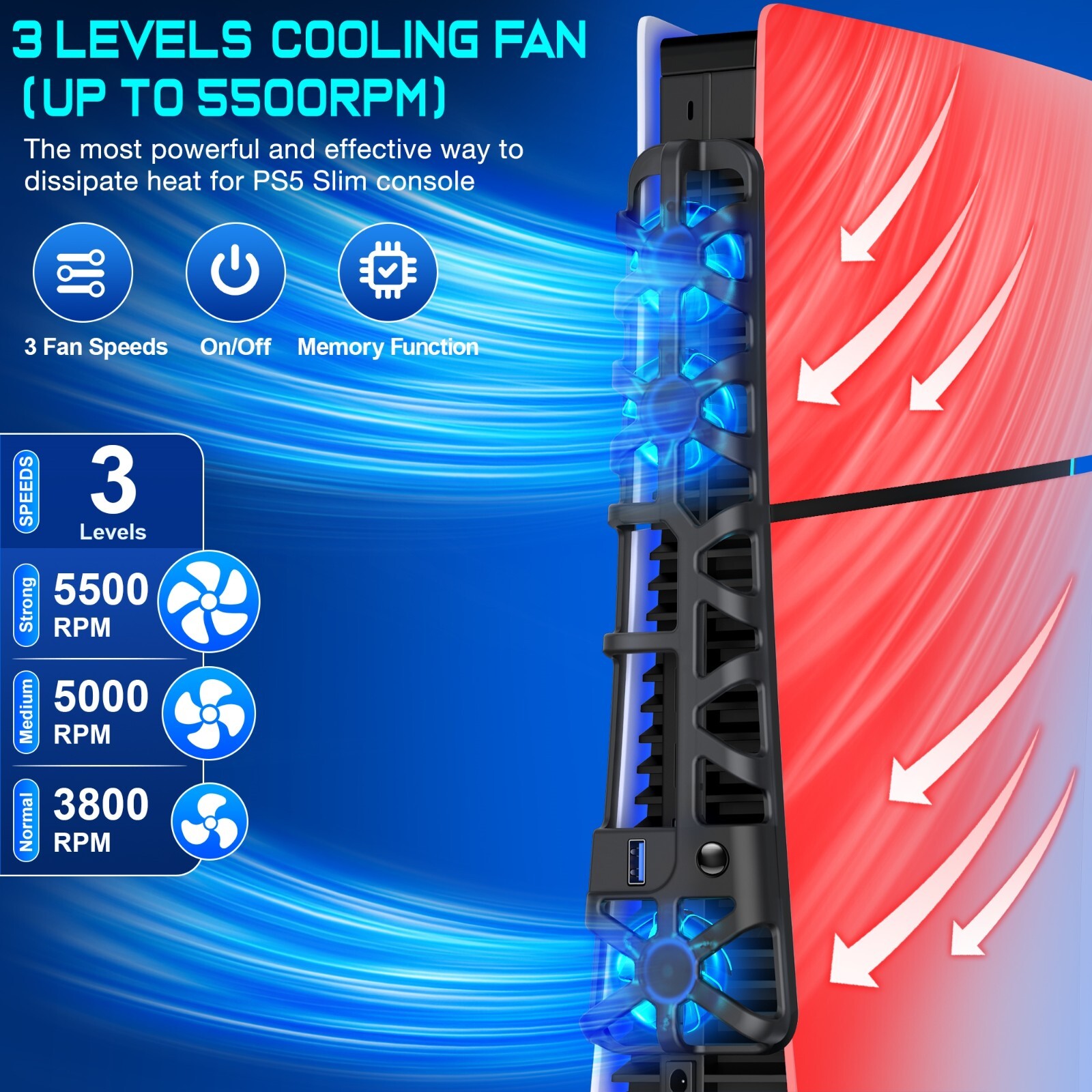 PS5 Slim Cooling Fan For PS5 Slim Disc/Digital Console Cooler Fan LED + USB 3.0