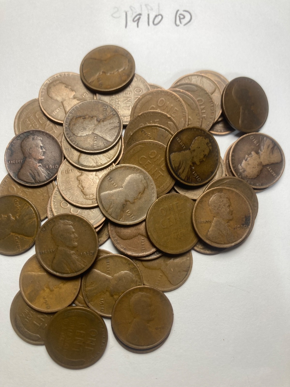 1910 (P) LINCOLN WHEAT CENT ROLL, 50 coins, G/VG condition
