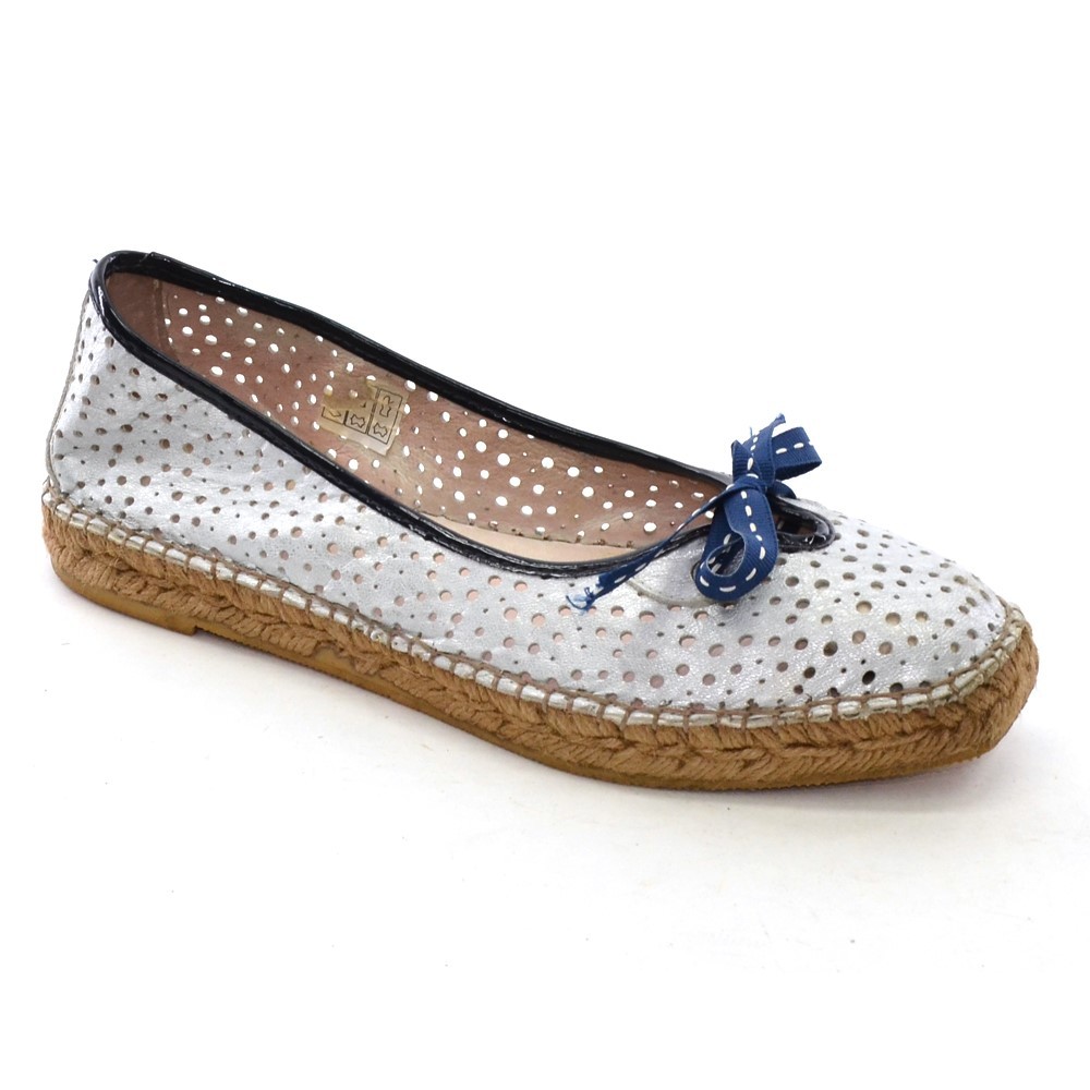 Ladies Eric Michael Espadrille Ballet Flats 39 8.5 Silver Leather Navy Bow Shoes