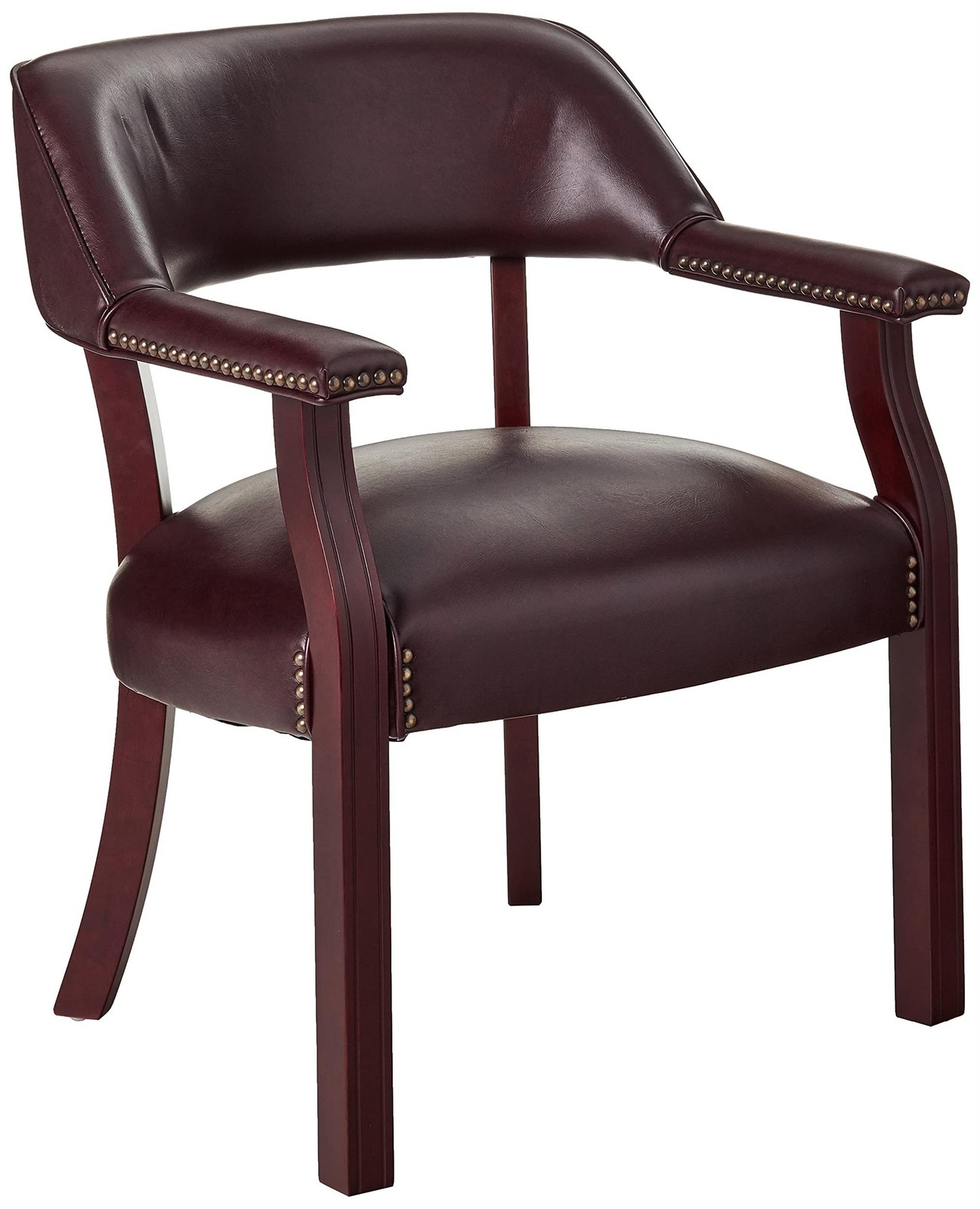 Traditional Guest Chair in Oxblood Red Vinyl and Mahogany Wood