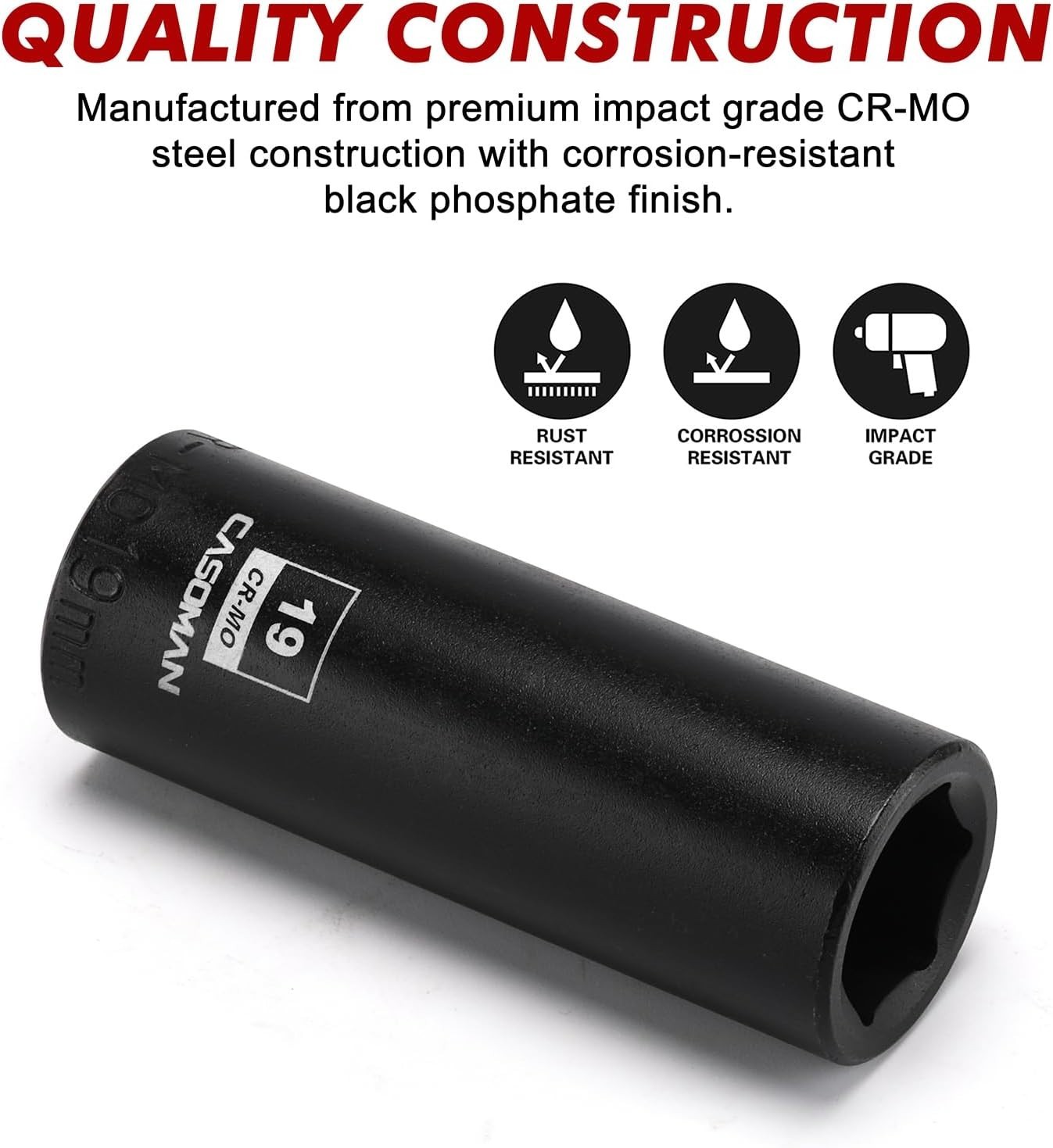 Corrosion-Resistant 19mm Deep Impact Socket, 1/2 Inch Drive - 6-Point Design