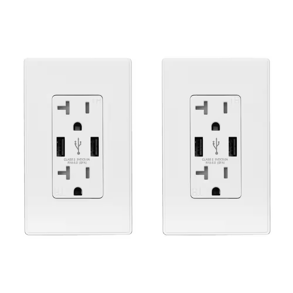 25-Watt 20 Amp Dual Type a USB Duplex Wall Outlet, Wall Plate Included, White (2