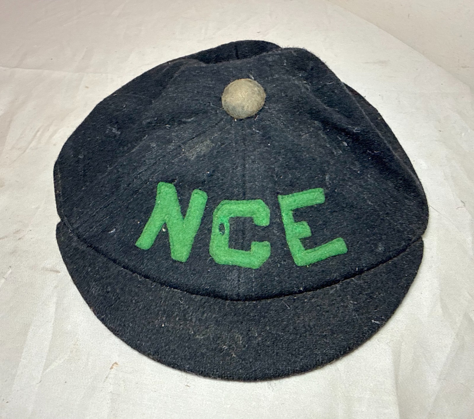Antique 1920 college baseball cap hat NCE green black small brim sewn in letters