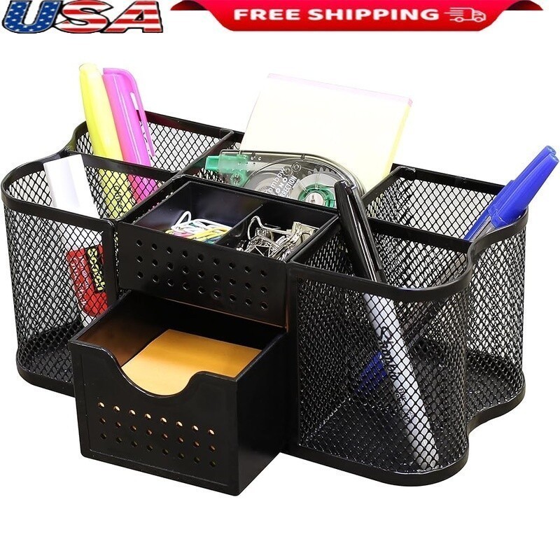 Desk Organizer Pen Holder Office Caddy W/ Compartment & Pull-Out Drawer Home New