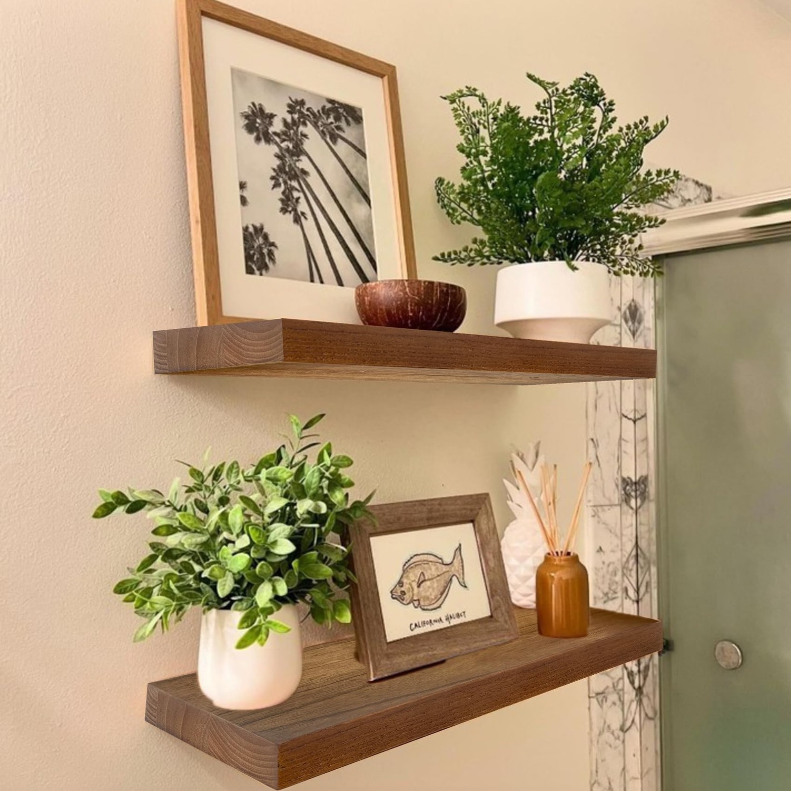 Walnut Floating Wall Shelves 16 inch, Bathroom Shelves Wall Mounted,Invisible...