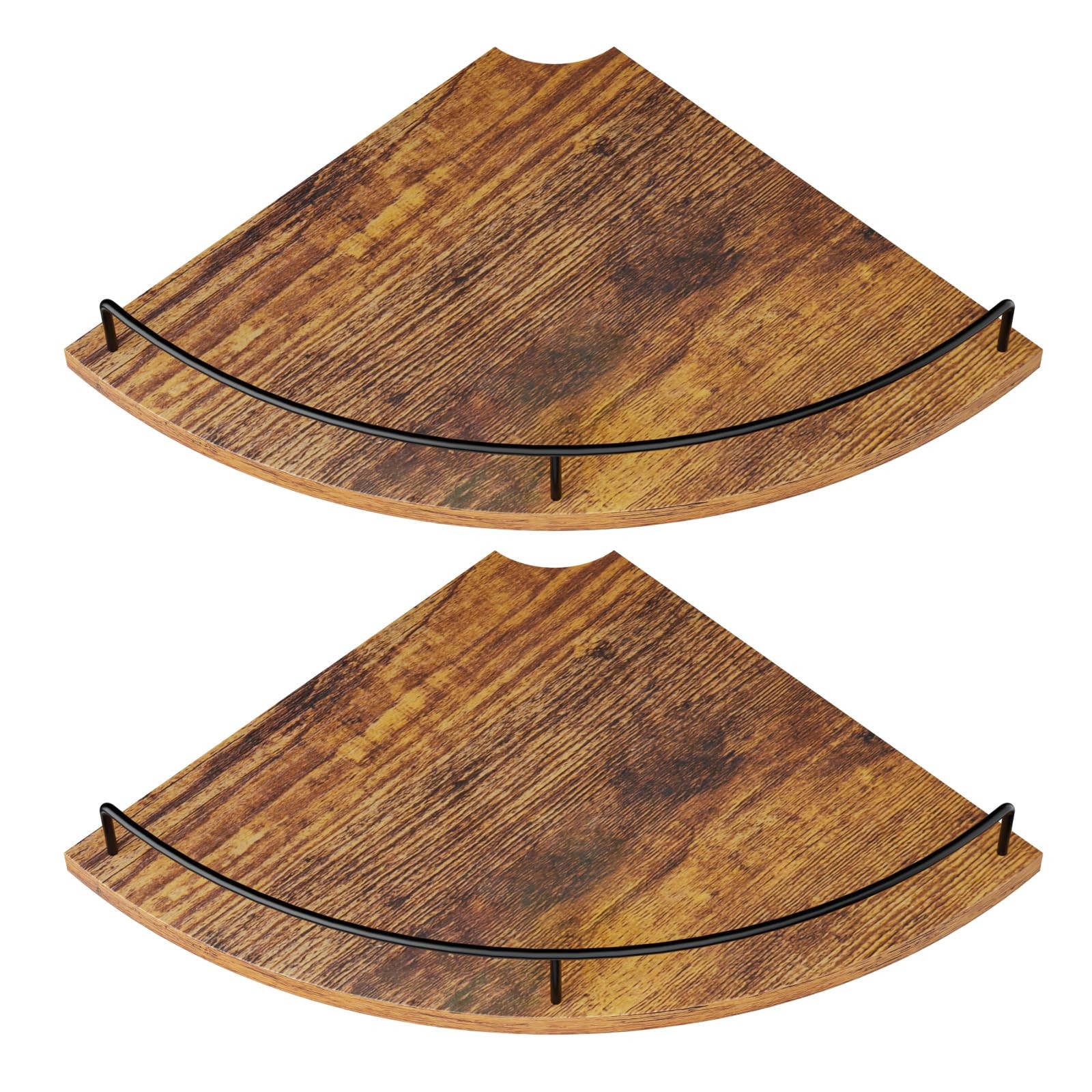 2 PCS Corner Floating Shelves Rustic Brown Wood Wall Mount Storage Guardrail