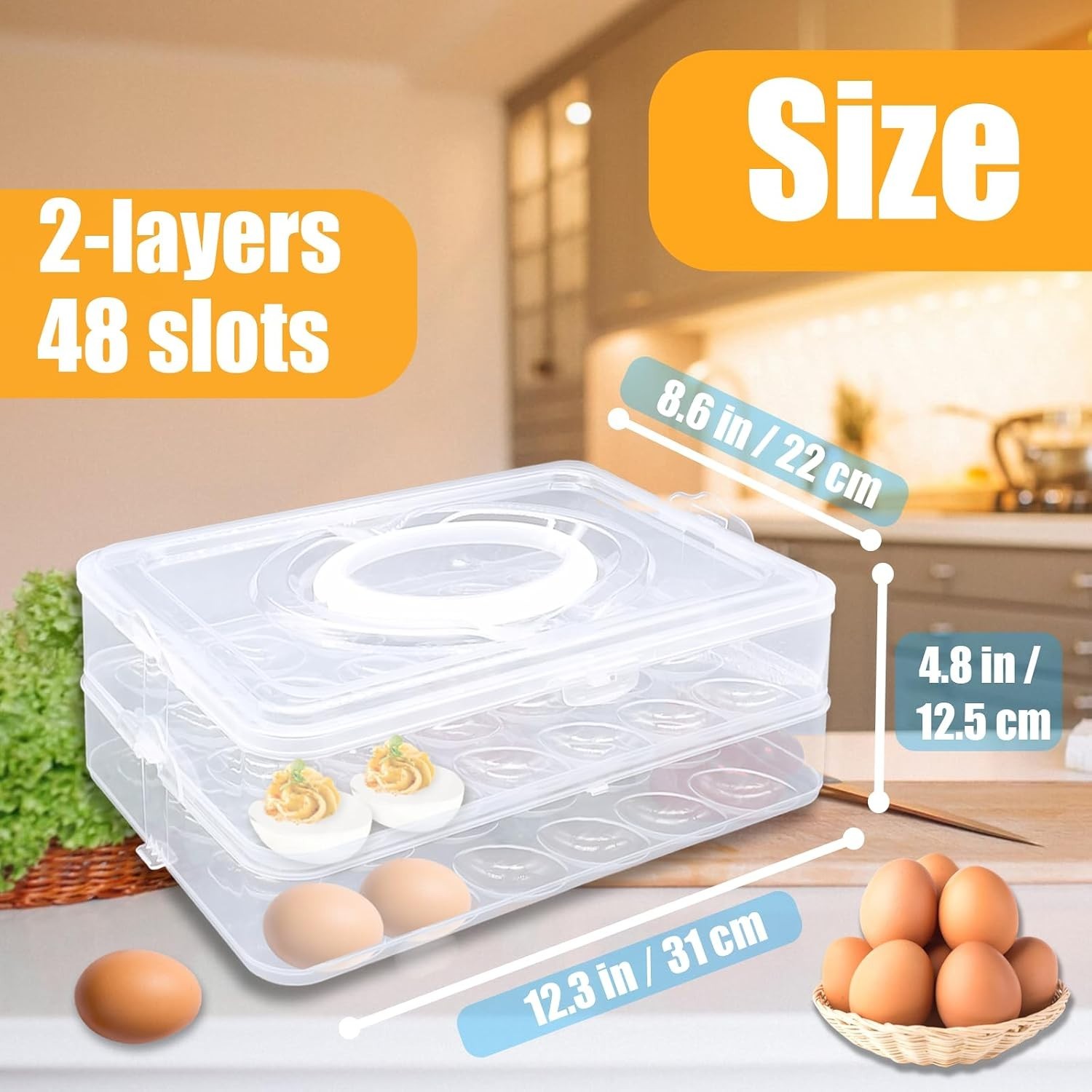 2-Layer Deviled Egg Carrier with Lid, Holds 48 Eggs, Clear Stackable Trays