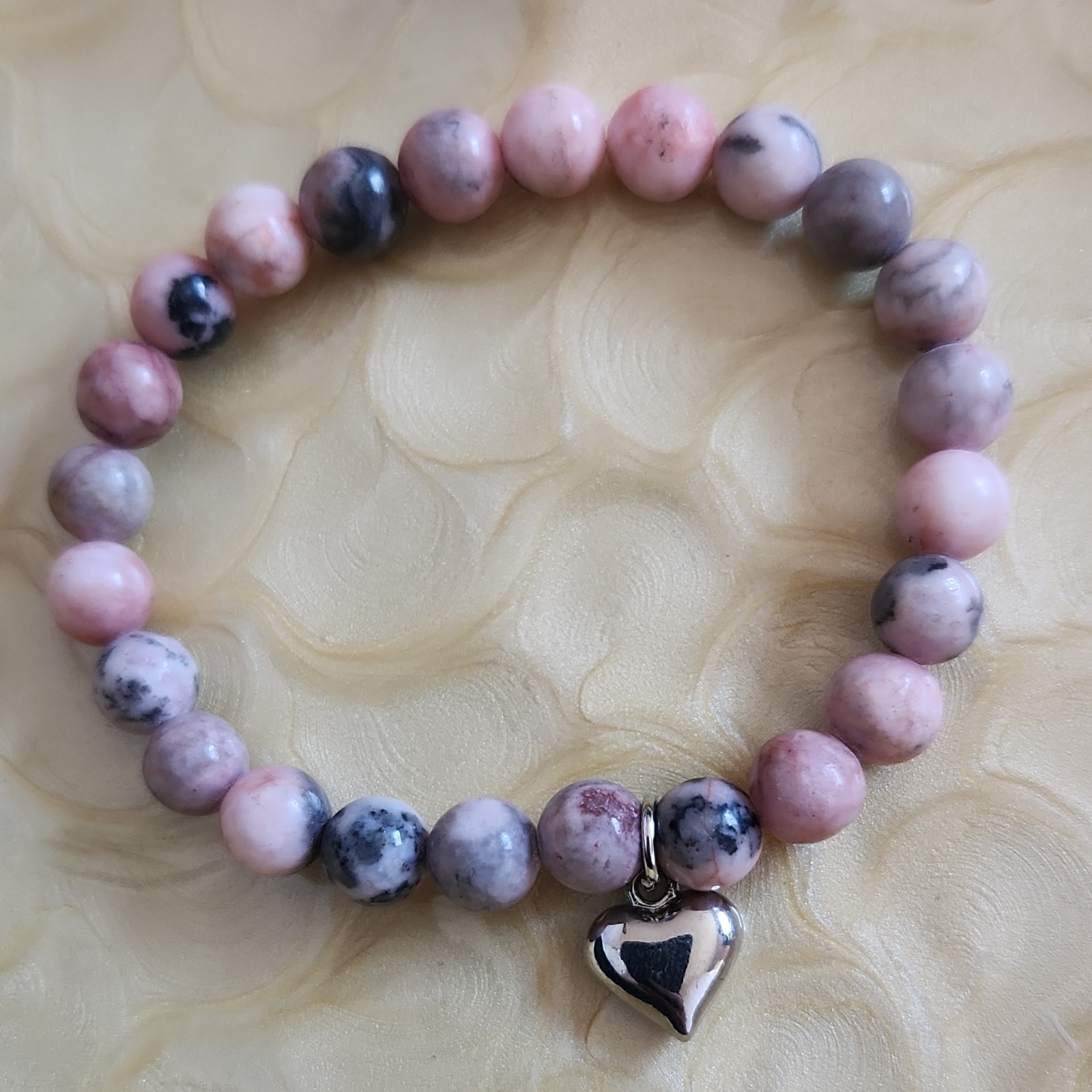 Pink Gray Gemstone Beaded Bracelet with Dangle Heart Charm Natural Stone