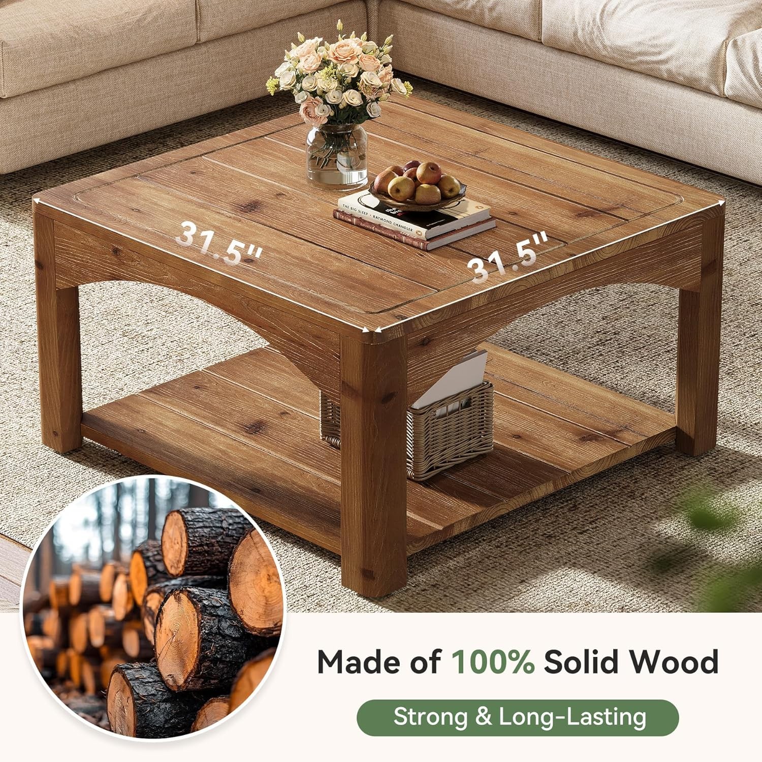 31.5-Inch Solid Wood Coffee Table 2 Tier Square Center Table for Living Room
