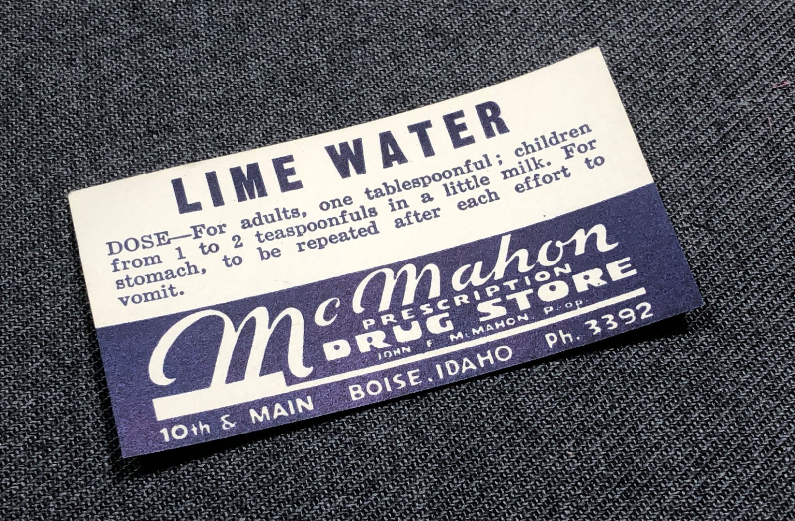 Vintage Unused Lime Water Bottle Label McMahon Apothecary Medicine Pharmacy