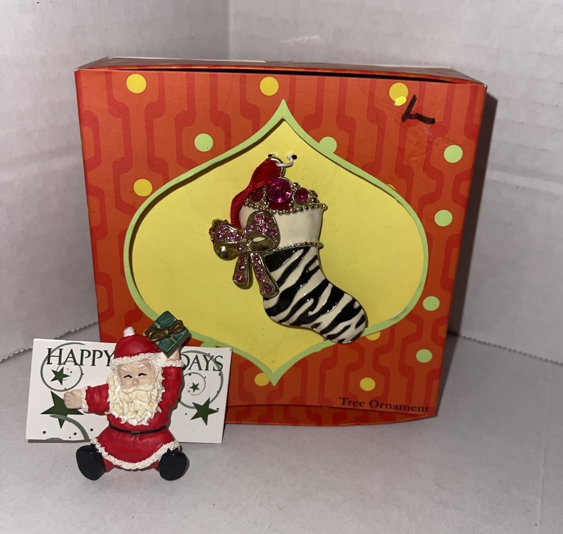 Tree Ornament Stocking Zebra Print Rhinestones & Santa Pin Happy Holidays New