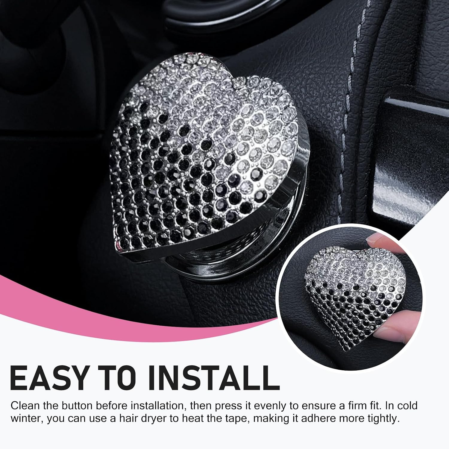 Bling Push Start Button Cover, Heart-Shaped Rhinestone Engine Start Stop Button