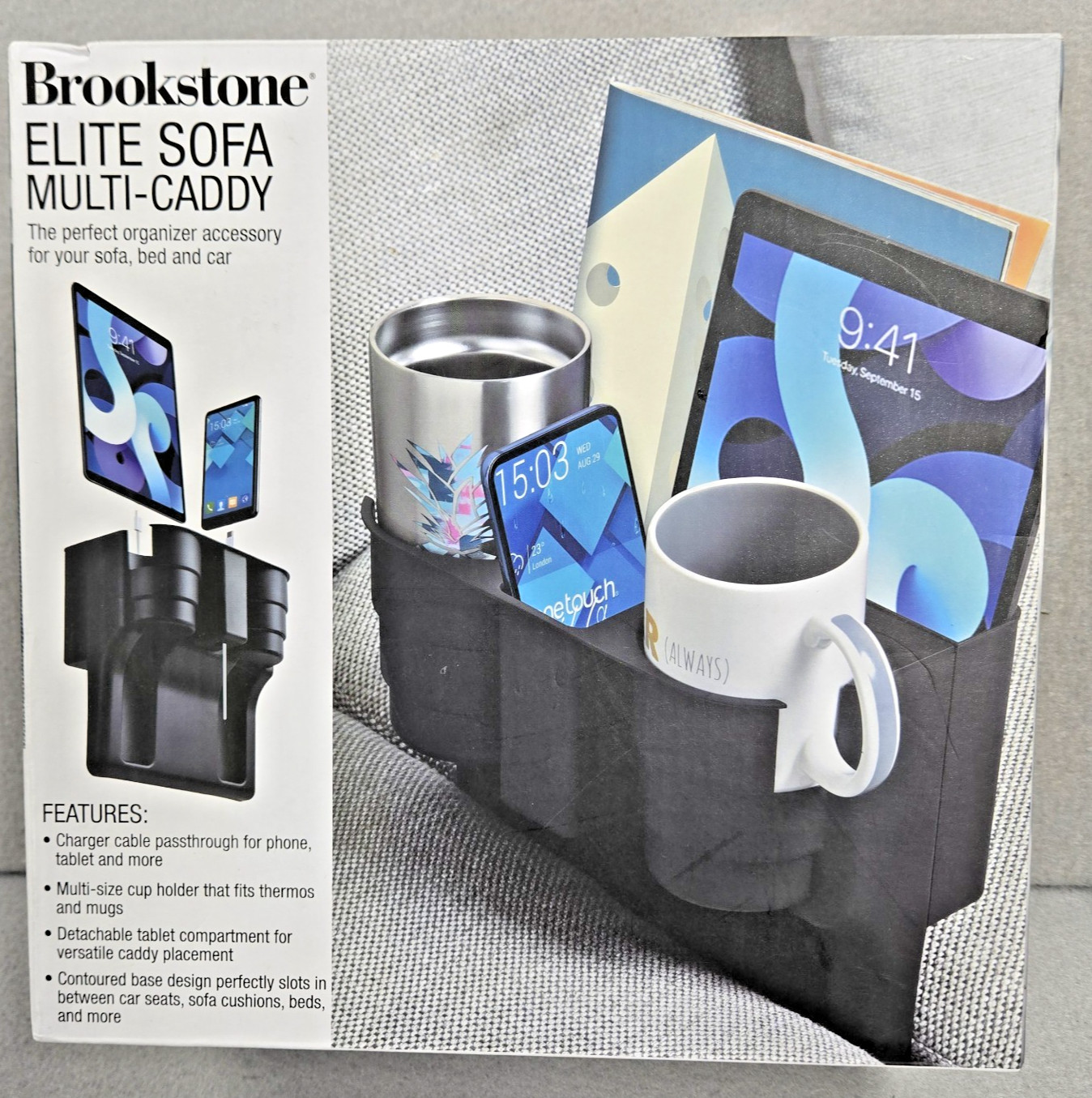 Brookstone Elite Sofa Multi  Caddy Couch Tray Phone Tablet Cup Holder New