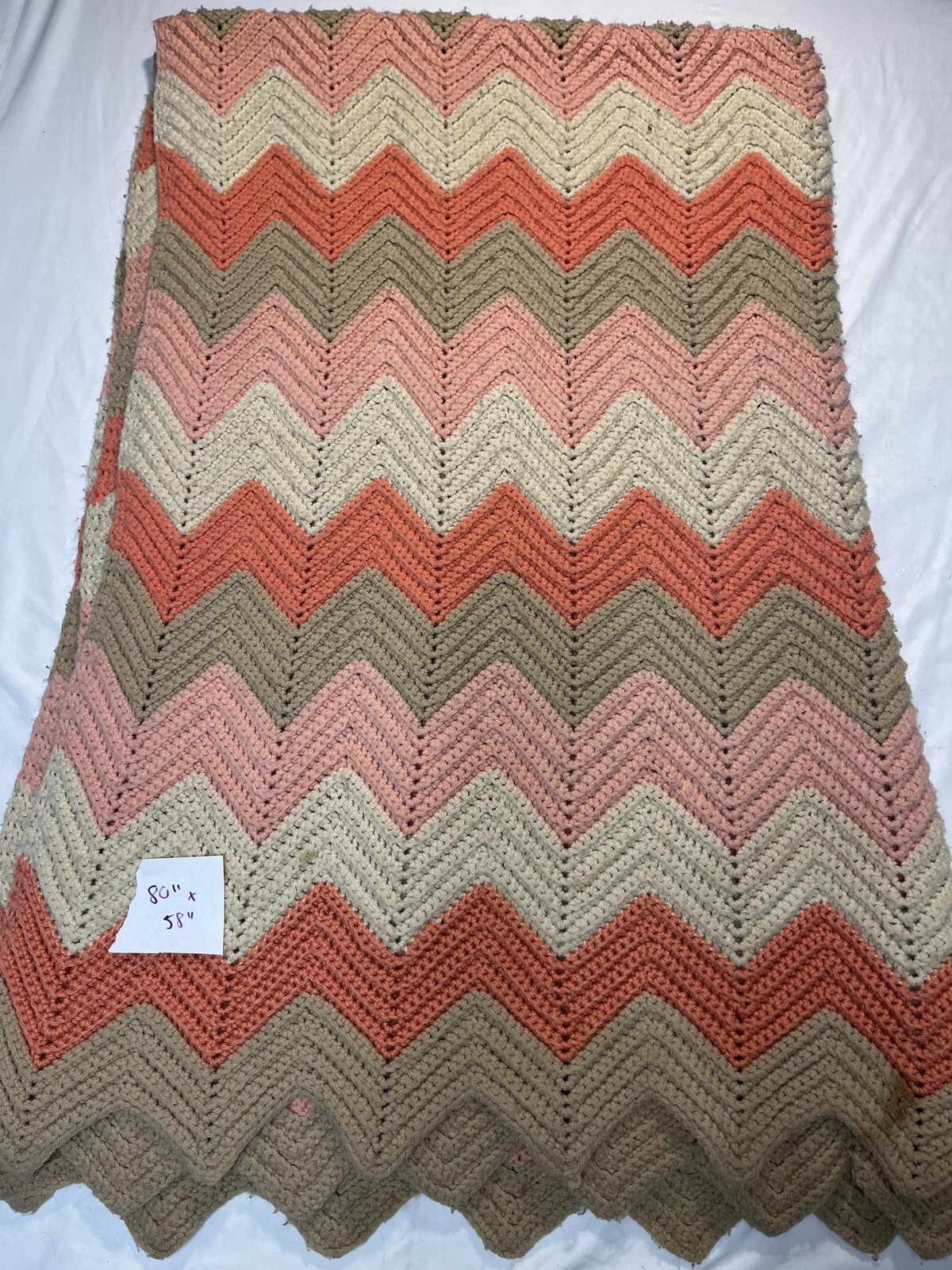 Vintage Handmade Crochet Afghan Blanket 80x58 Zig Zag Chevron Throw Retro Lap
