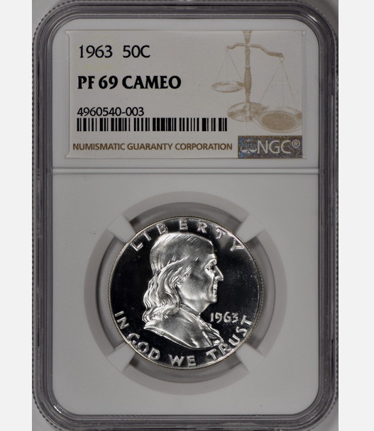 :1963-P 50C FRANKLIN HALF DOLLAR NGC PROOF PF 69 CAMEO RARITY R4 HIGHEST GRADES