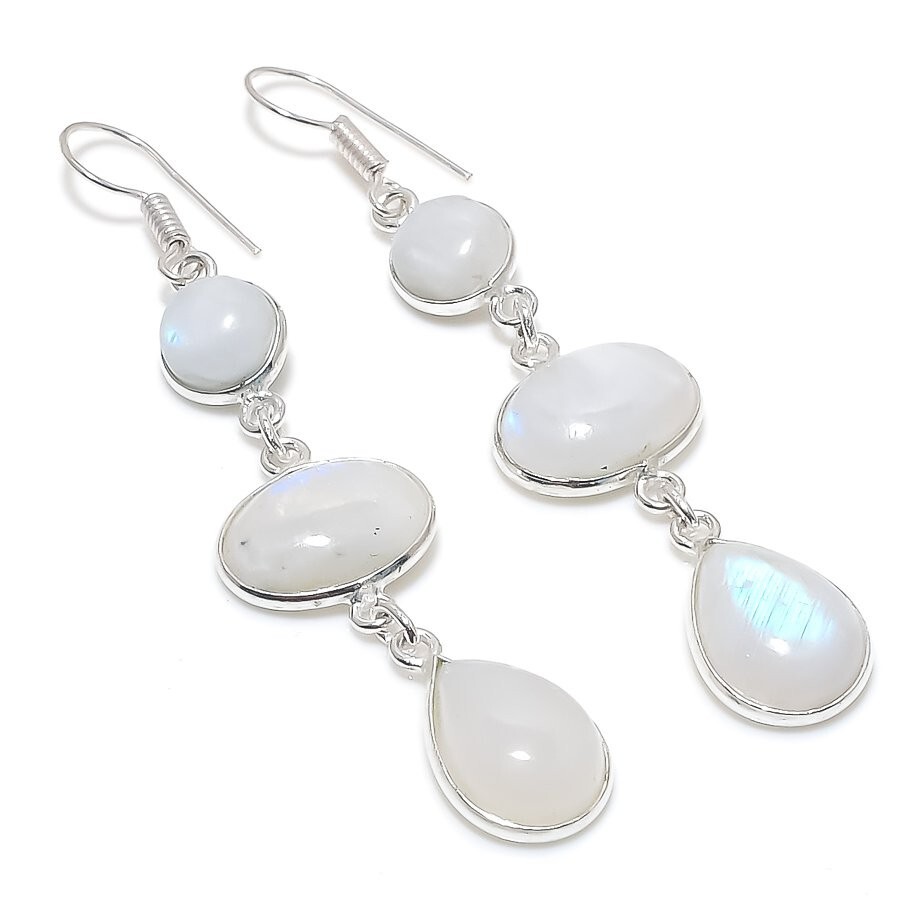 Moonstone Gemstone Handmade 925 Sterling Silver Jewelry Earrings Sz 3"
