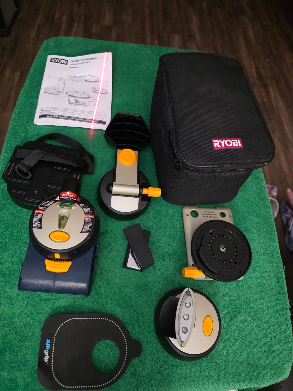 Ryobi Laser Air Grip Multi-task kit, light, accessories, manual & zippered case