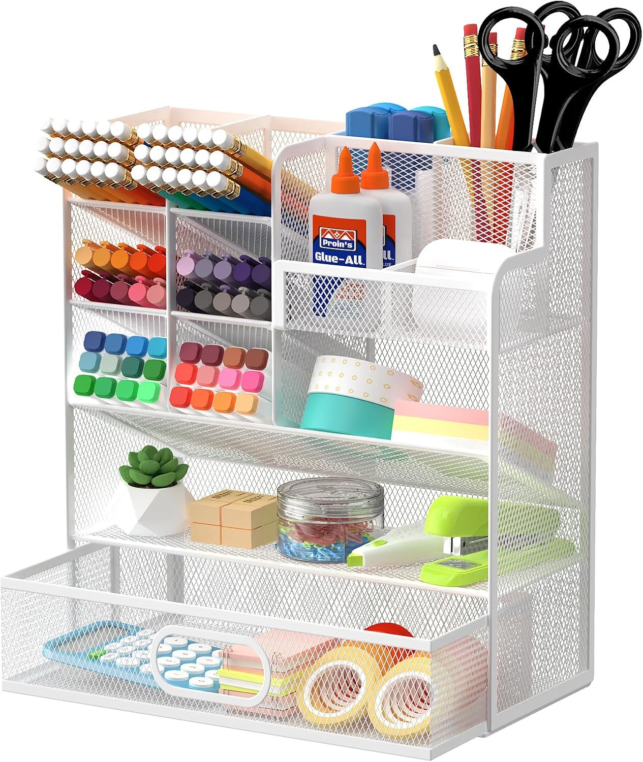 Mesh Pen Organizer for Desk, 13 Compartments with Drawer, White | Metal mesh pen