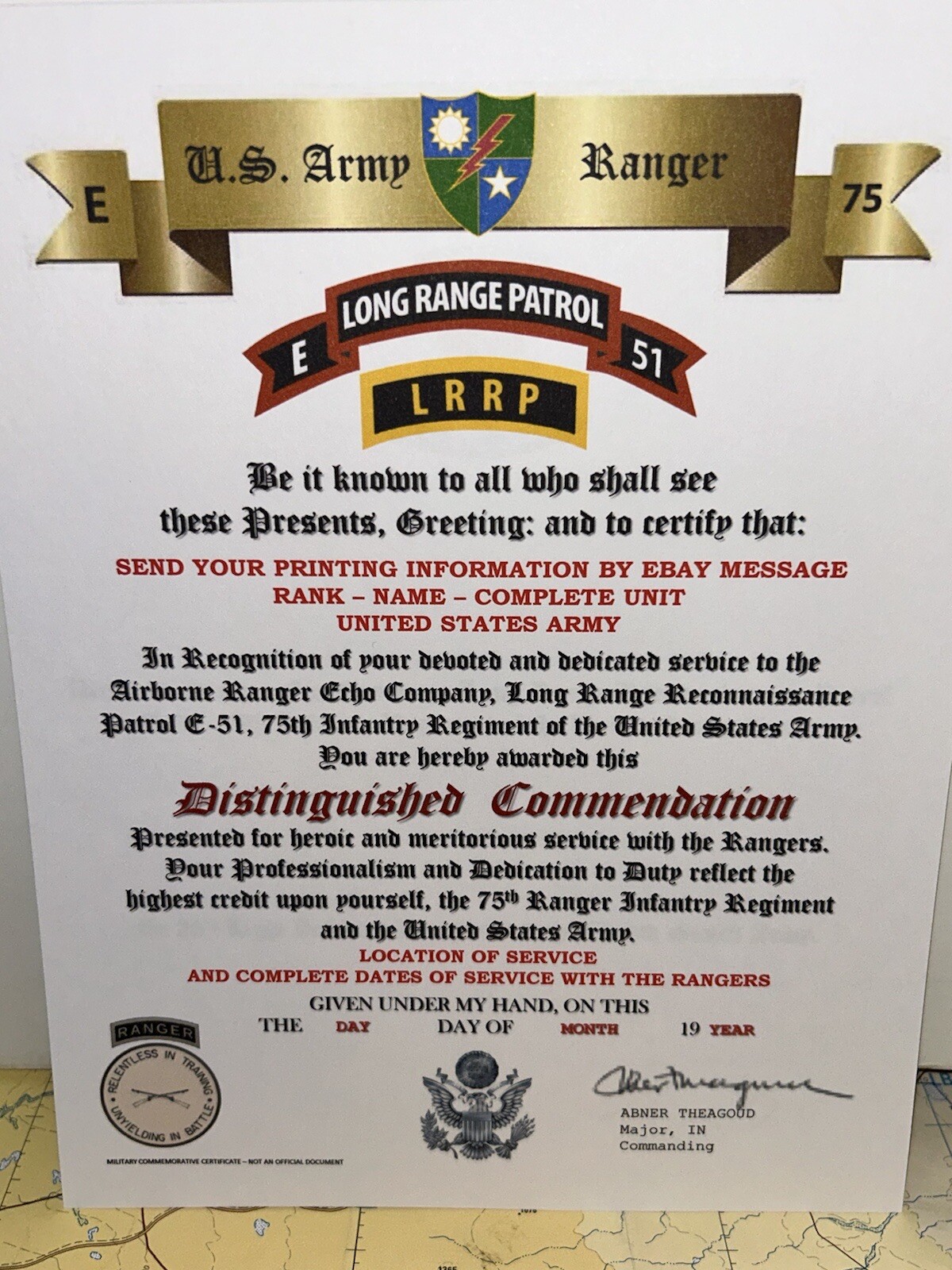 U.S. ARMY - E CO. 75TH RANGER INFANTRY / DISTINGUISHED COMMENDATION CERTIFICATE