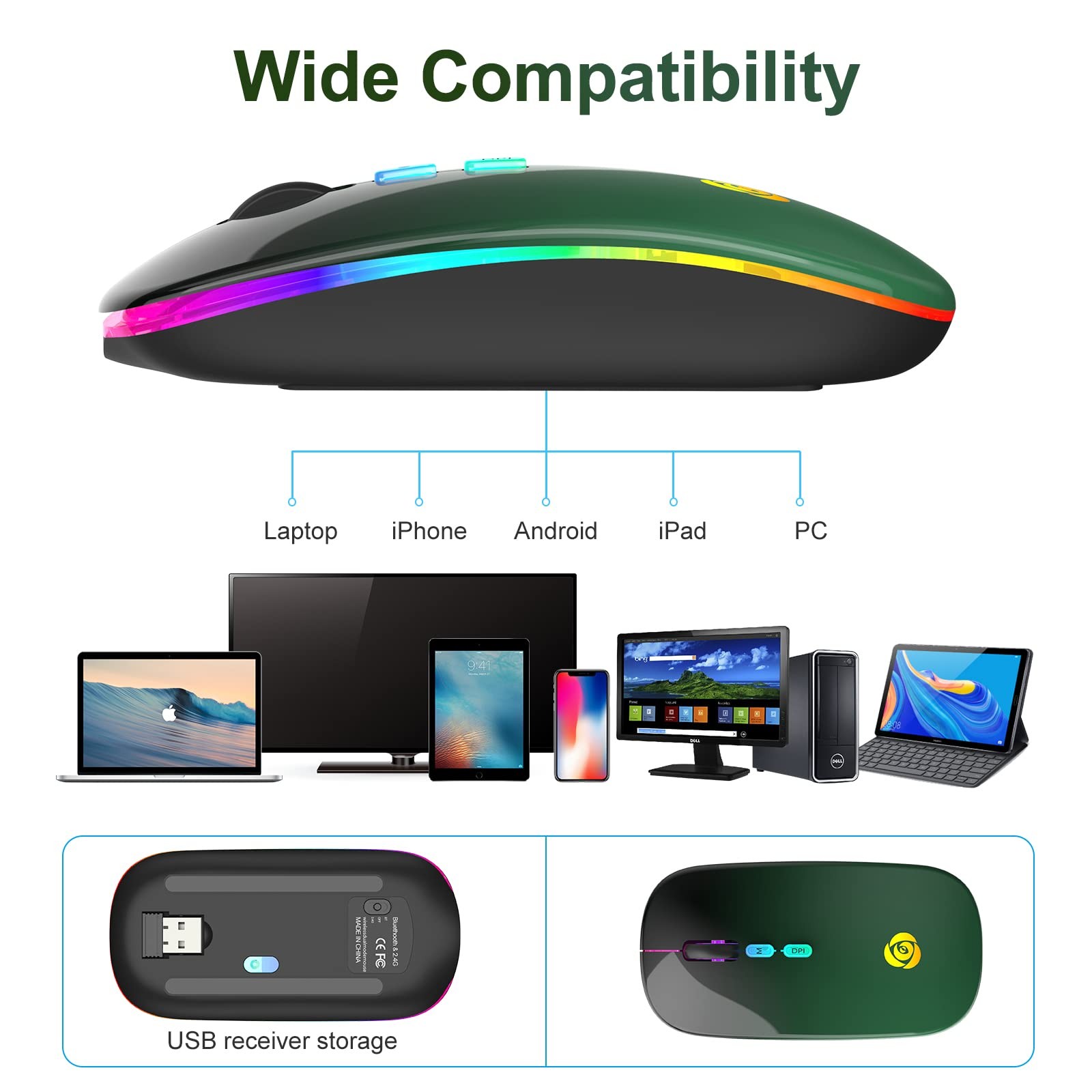 LED Wireless Mouse, Bluetooth Mouse &2.4GHz Instant Connection,Rechargeable U...