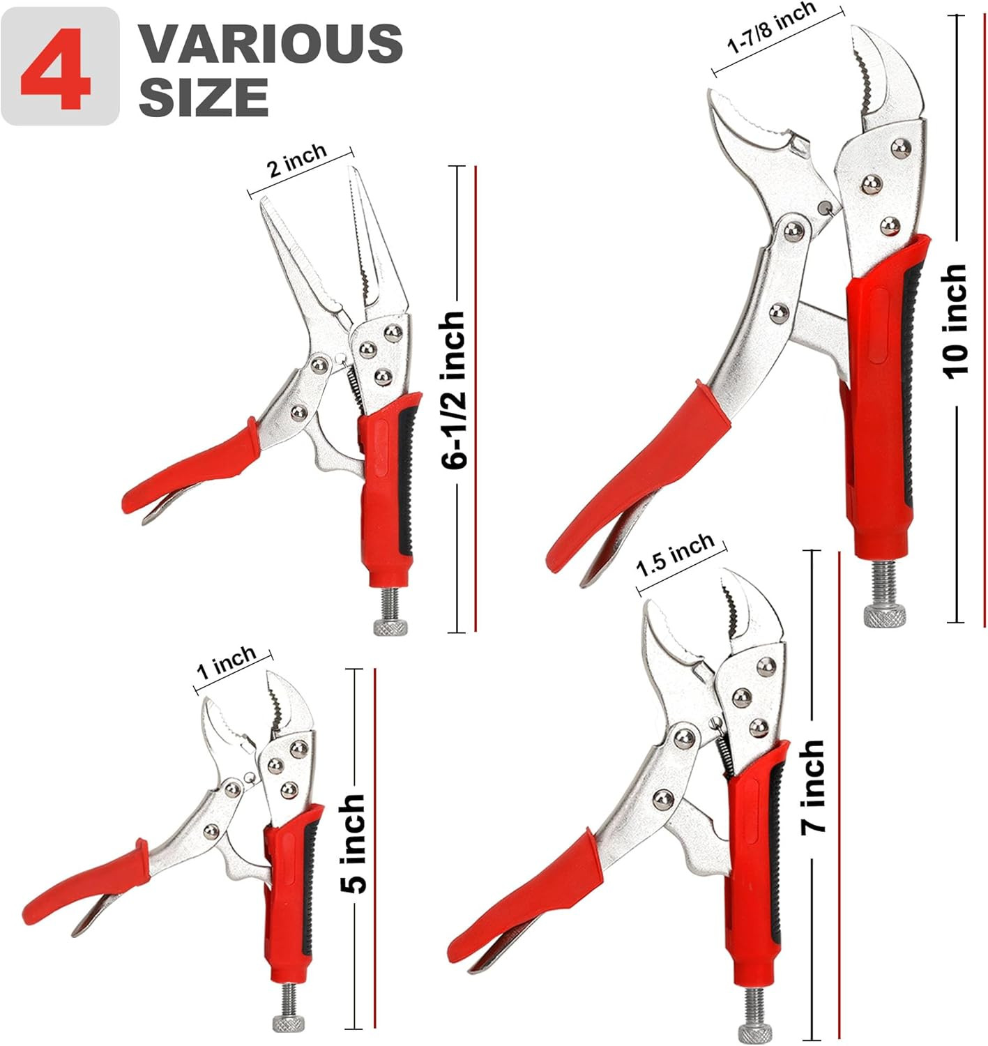 4-Piece Locking Pliers Set with Heavy Duty Grip, Red