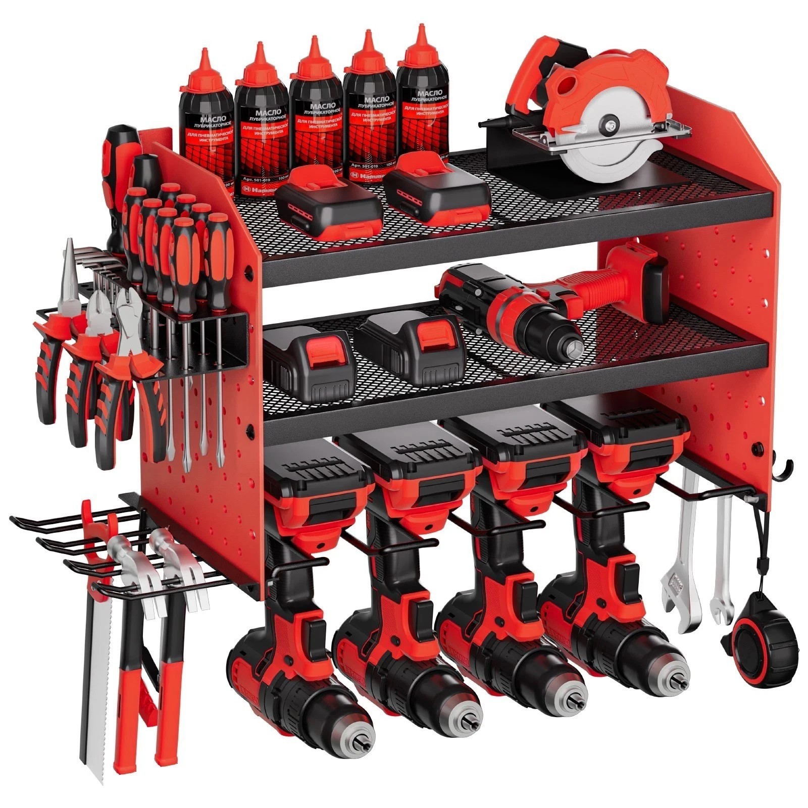 Power Tool Organizer Wall Mount 3-Layer Drill Storage Rack 4 Drill Holders