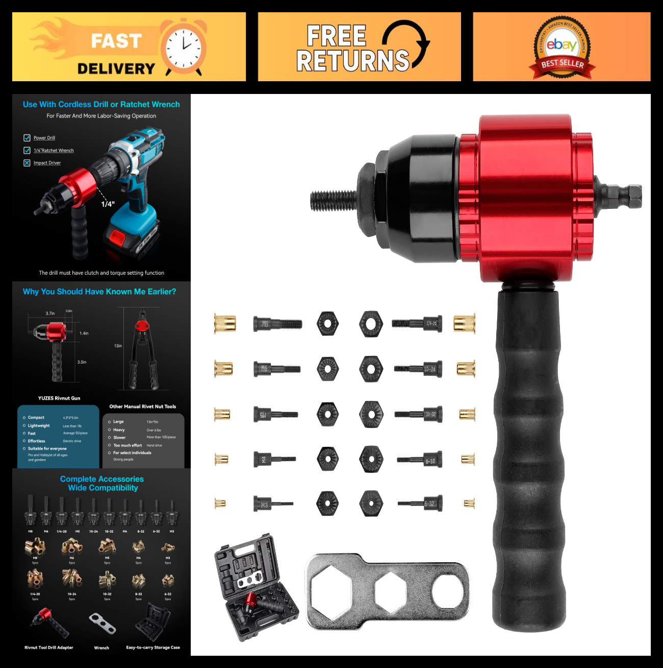 Rivet Nut Tool Kit with Adapter for Cordless Drill & Ratchet Wrench, 10 Mandrels