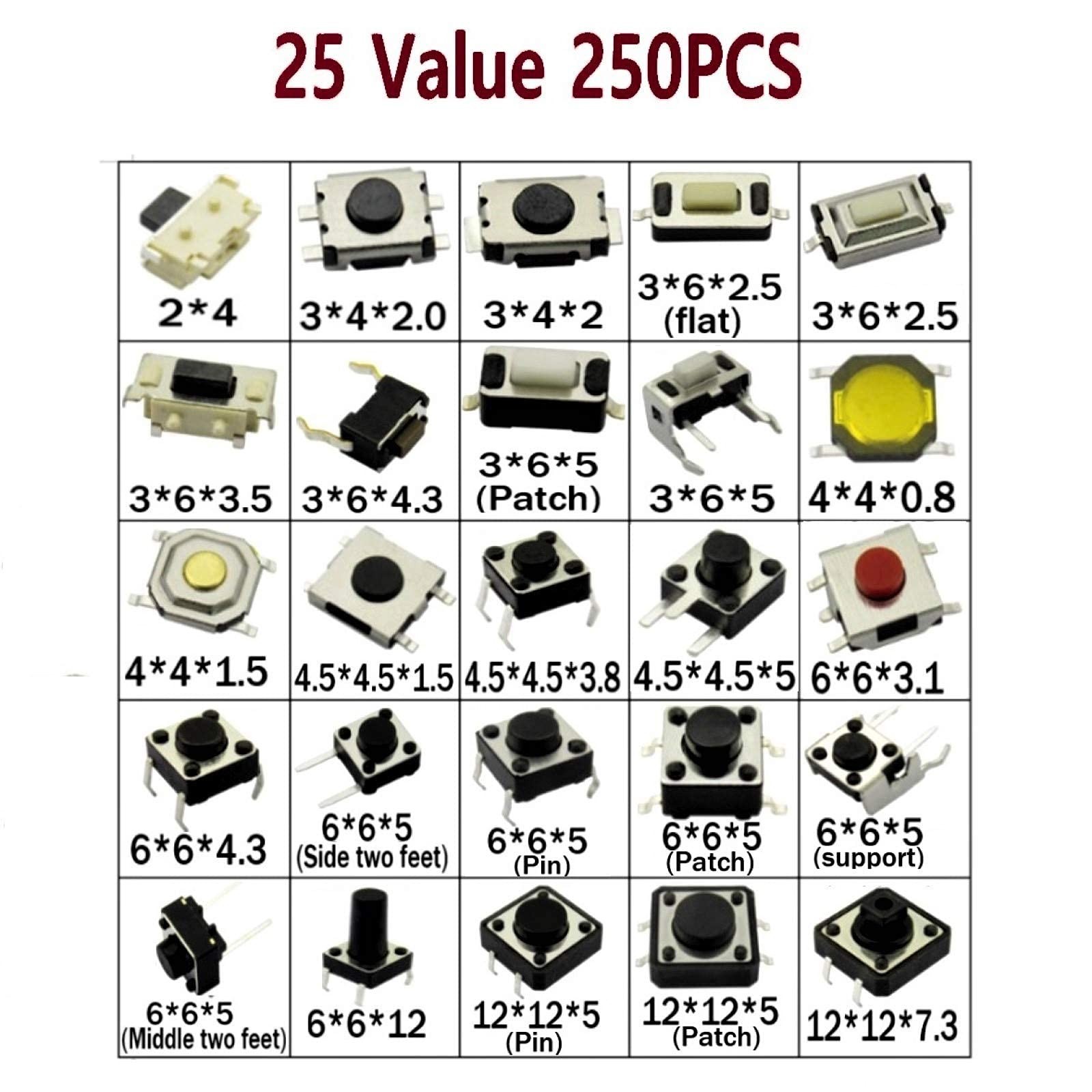 250pcs 25 Values Tactile Push Button Switch SMD Micro Momentary Tact Switch A...
