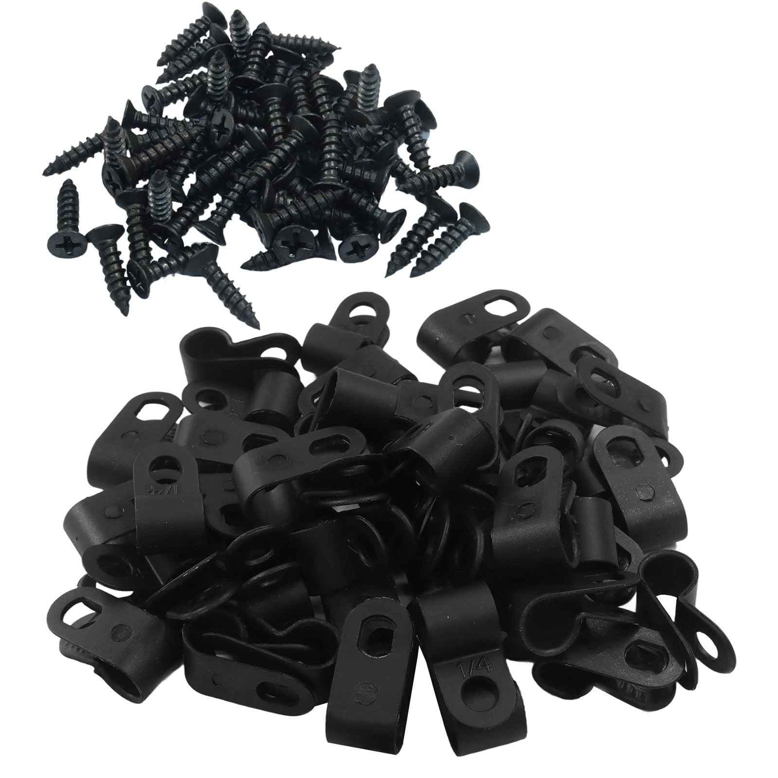 50 PCS 1/4 Inch RType Cable Clip Nylon Wire Clamp Screw Mounting Black