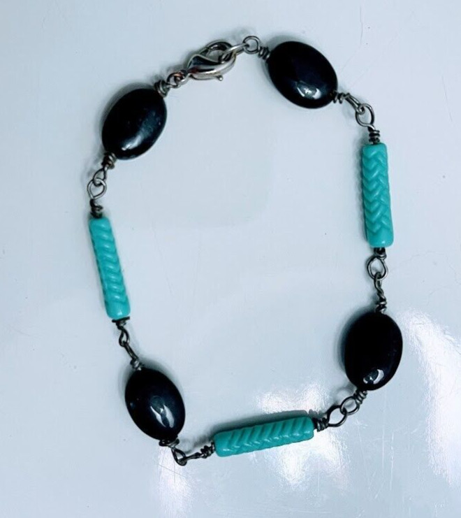 Turquoise glass bracelet hand made 8 in pressed tube beads & dark blue spacers